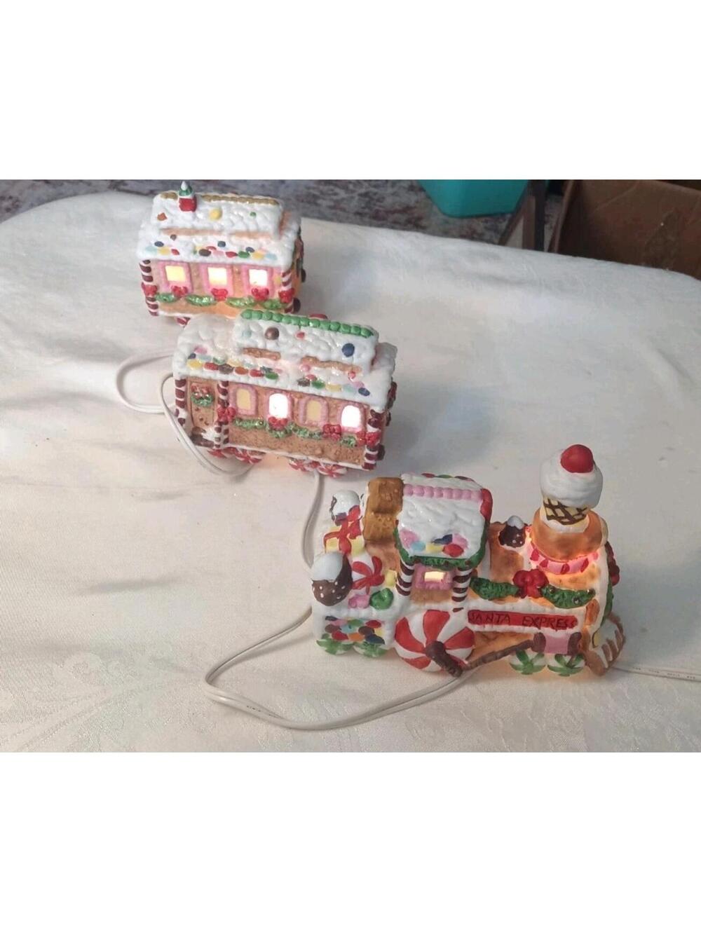 Vintage Santa Express Bisque Porcelain Gingerbread Train Lighted 3pc MINT Tested